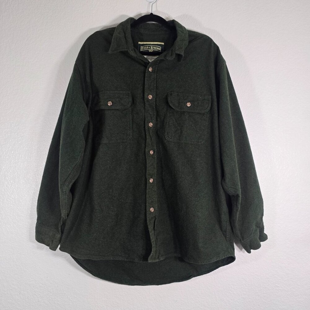 Field & Stream Thick Flannel Shirt Men XL Green Pockets Button Outdoor Hunting